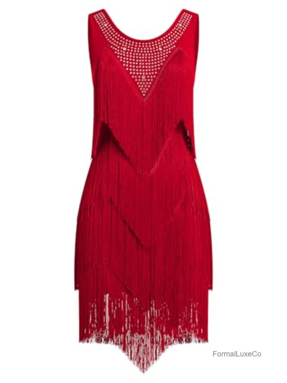 Rhinestones Layered Fringe Tassel Latin Ballroom Dance Dress Sleeveless